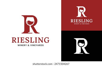 Letter Initial R Wine Glass Logo Design Template. Suitable for Bar Restaurant Cafe Winery Vineyard Pub Club Business Brand Company Logo Design.