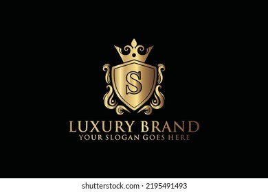 letter Initial S elegant luxury monogram logo or badge template with scrolls and royal crown, perfect for luxurious branding projects

