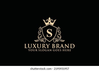 letter Initial S elegant luxury monogram logo or badge template with scrolls and royal crown, perfect for luxurious branding projects
