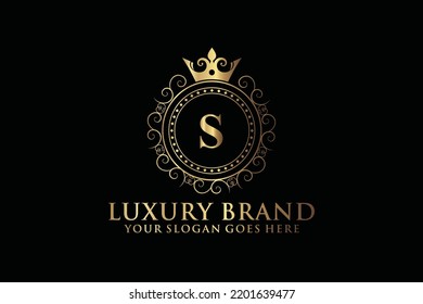 letter Initial S elegant luxury monogram logo or badge template with scrolls and royal crown, perfect for luxurious branding projects
