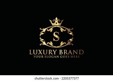letter Initial S elegant luxury monogram logo or badge template with scrolls and royal crown, perfect for luxurious branding projects
