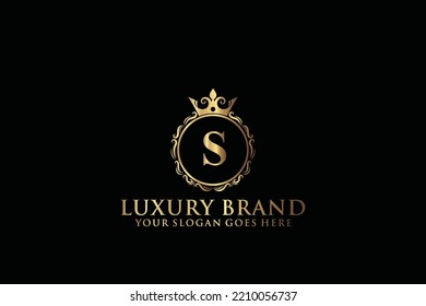 letter Initial S elegant luxury monogram logo or badge template with scrolls and royal crown, perfect for luxurious branding projects
