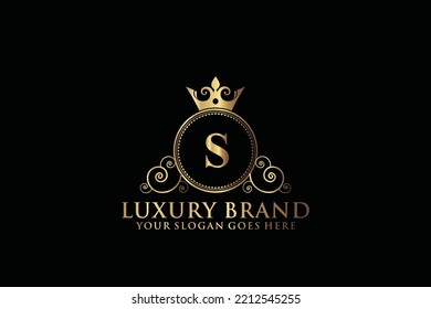 letter Initial S elegant luxury monogram logo or badge template with scrolls and royal crown, perfect for luxurious branding projects
