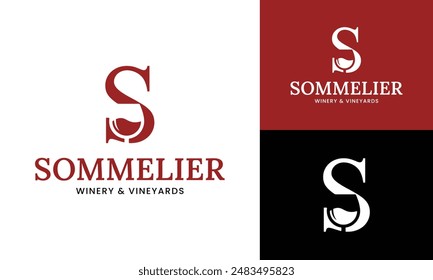 Letter Initial S Wine Glass Logo Design Template. Suitable for Bar Restaurant Cafe Winery Vineyard Pub Club Business Brand Company Logo Design.