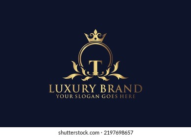 carta Marca inicial T elegante logotipo de lujoso monograma o plantilla de insignia con rollos y corona real, perfecto para proyectos de marca de lujo
