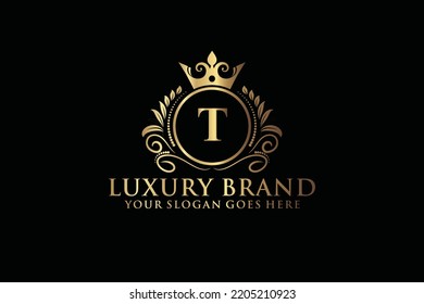 letter Initial T elegant luxury monogram logo or badge template with scrolls and royal crown, perfect for luxurious branding projects
