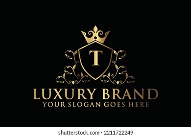 letter Initial T elegant luxury monogram logo or badge template with scrolls and royal crown, perfect for luxurious branding projects
