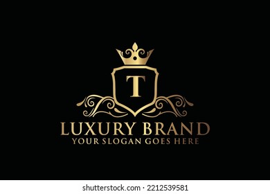 letter Initial T elegant luxury monogram logo or badge template with scrolls and royal crown, perfect for luxurious branding projects

