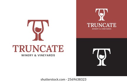 Letter Initial T Wine Glass Logo Design Template. Suitable for Bar Restaurant Cafe Winery Vineyard Pub Club Business Brand Company Logo Design.