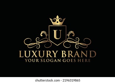 letter Initial U elegant luxury monogram logo or badge template with scrolls and royal crown, perfect for luxurious branding projects
