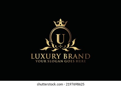letter Initial U elegant luxury monogram logo or badge template with scrolls and royal crown, perfect for luxurious branding projects
