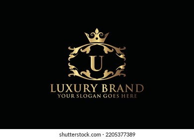 letter Initial U elegant luxury monogram logo or badge template with scrolls and royal crown, perfect for luxurious branding projects
