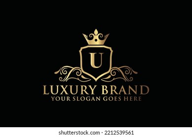 letter Initial U elegant luxury monogram logo or badge template with scrolls and royal crown, perfect for luxurious branding projects
