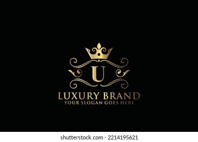 letter Initial U elegant luxury monogram logo or badge template with scrolls and royal crown, perfect for luxurious branding projects
