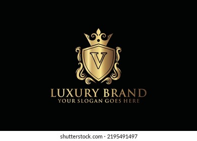 letter Initial V elegant luxury monogram logo or badge template with scrolls and royal crown, perfect for luxurious branding projects
