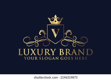 carta Marca inicial V elegante logotipo de lujoso monograma o plantilla de insignia con rollos y corona real, perfecto para proyectos de marca de lujo
