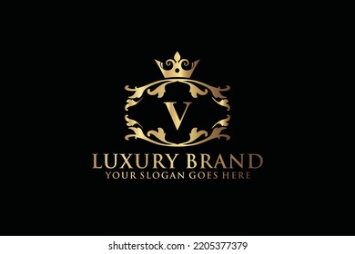 carta Marca inicial V elegante logotipo de lujoso monograma o plantilla de insignia con rollos y corona real, perfecto para proyectos de marca de lujo
