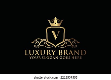 carta Marca inicial V elegante logotipo de lujoso monograma o plantilla de insignia con rollos y corona real, perfecto para proyectos de marca de lujo
