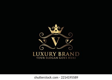Buchstabe Initial V elegantes, luxuriöses Monogramm-Logo oder Badge-Vorlage mit Rollen und königlicher Krone, perfekt für luxuriöse Branding-Projekte
