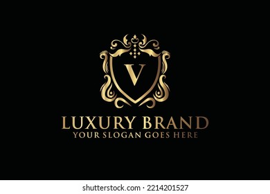 letter Initial V elegant luxury monogram logo or badge template with scrolls and royal crown, perfect for luxurious branding projects
