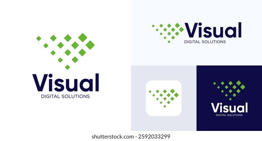 Letter initial V pixel logo design, Visual digital icon template for technology, Simple modern logotype vector illustration templates, Pixelated sign symbol, Dotted square shape for icon pixel design.