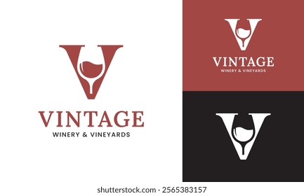 Letter Initial V Wine Glass Logo Design Template. Suitable for Bar Restaurant Cafe Winery Vineyard Pub Club Business Brand Company Logo Design.