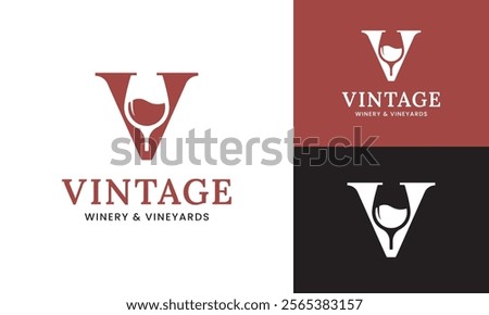 Letter Initial V Wine Glass Logo Design Template. Suitable for Bar Restaurant Cafe Winery Vineyard Pub Club Business Brand Company Logo Design.