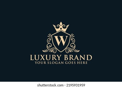 letter Initial W elegant luxury monogram logo or badge template with scrolls and royal crown, perfect for luxurious branding projects
