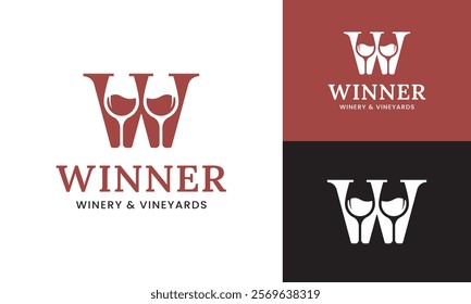 Letter Initial W Wine Glass Logo Design Template. Suitable for Bar Restaurant Cafe Winery Vineyard Pub Club Business Brand Company Logo Design.