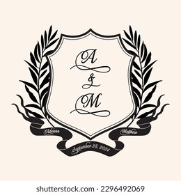 Letter AM initial wedding crest with shield and leaves. Crest silhouette design for wedding.