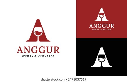 Letter Initial A Wine Glass Logo Design Template. Suitable for Bar Restaurant Cafe Winery Vineyard Pub Club Business Brand Company Logo Design.