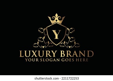 letter Initial Y elegant luxury monogram logo or badge template with scrolls and royal crown, perfect for luxurious branding projects

