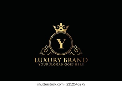 carta Marca inicial Y elegante logotipo de lujoso monograma o plantilla de placa con rollos y corona real, perfecto para proyectos de marca de lujo
