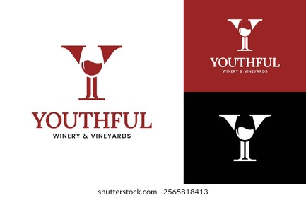 Letter Initial Y Wine Glass Logo Design Template. Suitable for Bar Restaurant Cafe Winery Vineyard Pub Club Business Brand Company Logo Design.