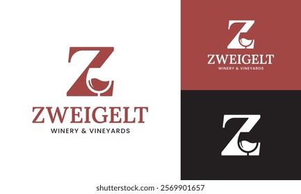 Letter Initial Z Wine Glass Logo Design Template. Suitable for Bar Restaurant Cafe Winery Vineyard Pub Club Business Brand Company Logo Design.