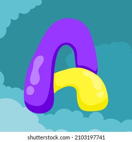 Buchstabe A Initialen Lila und Gelbe Ballons sind miteinander verflochten, um Buchstaben zu bilden, die einzeln auf Himmel- und Wolkenhintergrund schwimmen, Vektorlogo Buchstaben Typografie-Illustration.