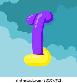letter I initials Purple and yellow balloons are interlaced to form letters floating isolated on sky and clouds background, vector logo letter typography illustration.