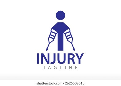 Letter I Injury Logo Design, Broken arm icon. Injured man accident. Leg broken Hospital patient with a hand Medical crutch, wheelchair patient, chiropractor orthopedic Vector Icon Symbol Silhouette 