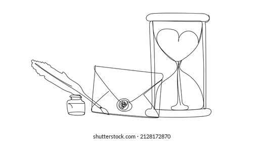 Letter with inkwell, feather, hourglass continuous line drawing. One line art of envelope, antique, romantic, 14 february, heart, relationships, envelope.