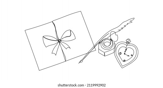 Letter With Inkwell, Feather And Pocket Watch Continuous Line Drawing. One Line Art Of Letter, Bow, Romantic, 14 February, Heart, Relationships, Envelope.