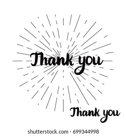 Letter inscription Thank you. Trendy hand written on vintage black rays. Isolated vector