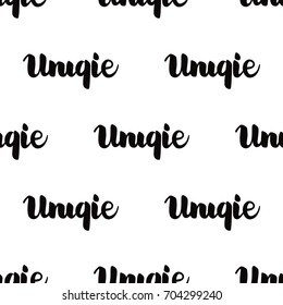 Letter inscription Uniqie. Seamless pattern. Trendy black hand written isolated on white background.