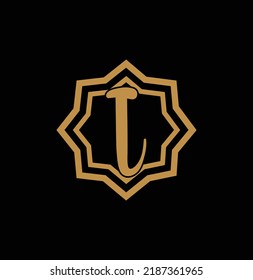 Letter I inside Gold star logo. Award 3d icon. Golden logotype template. Volume Vector illustration.