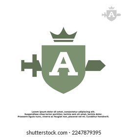 letter A inside a shield and a sword with a classic medieval style. classic elegant logo template.