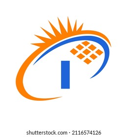 Letter I Inside Solar Cell or Solar Panel Energy Logo Design. Letter I Logo with Solar Elements, Sun, Solar Panels Sign