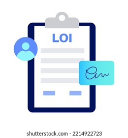Letter of intent concept. Document with text and signature on folder. Contract form mockup with checklist. Financial or paperwork. Bilateral agreement isolated flat vector illustration