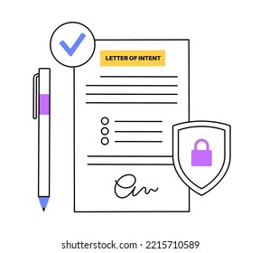 Letter of intent. Document with text and signature with pen. Private information. Contract form mockup with checklist. Financial or paperwork. Bilateral agreement isolated linear vector illustration