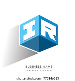 Letter IR logo in hexagon shape and blue background, cube logo with letter design for company identity.
