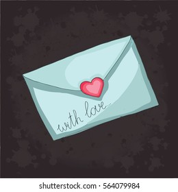 Letter isolated vector on black background. With love. Object icon illustration. Hand draw doodle 3d. Happy Valentine's Day. Cloth design,print, paper, icon, card, holiday, birthday. Color art. Eps10