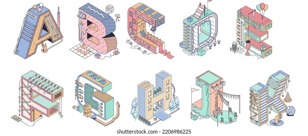 Letter Isometric Pastel Color Illustration Building Town with Pattern A B C D E F G H J K Vector